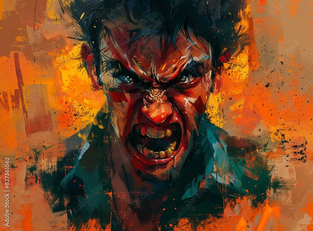Portrait of a man with a red face and a lot of anger