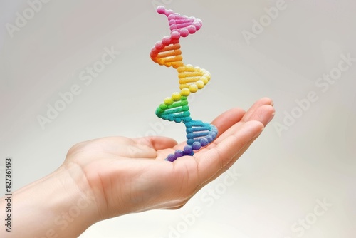 Colorful 3D printed DNA model in hand, vibrant rainbow colors, modern genetic research, biotechnology concept, minimalistic background