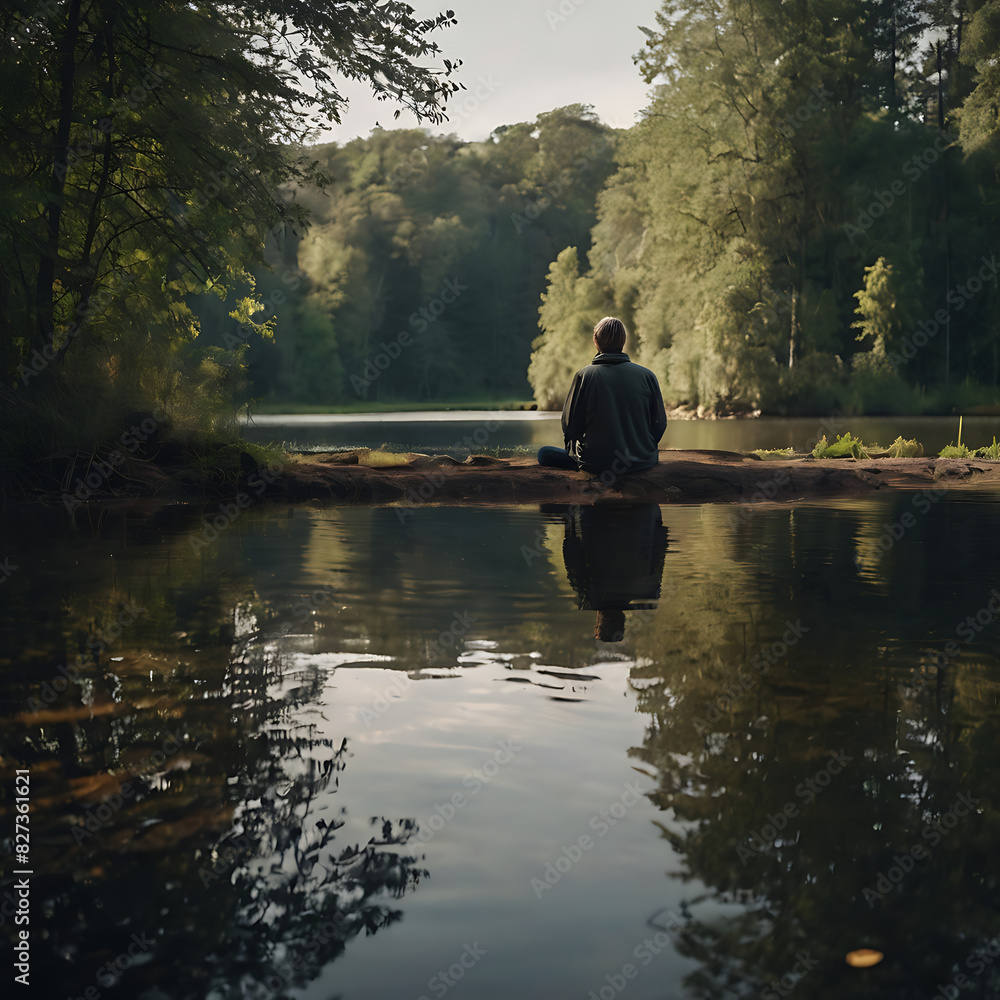 Rear view of A person sitting seeking solace and comfort in a peaceful environment beside a small lake, mental health
Rear view of A person sitting seeking solace and comfort in a peaceful environment beside a small lake, mental health