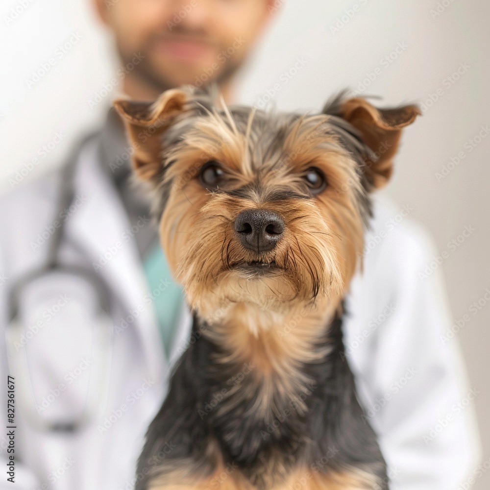 close-up of a yorkshire, behind a veterinarian close-up of a yorkshire, behind a veterinarian