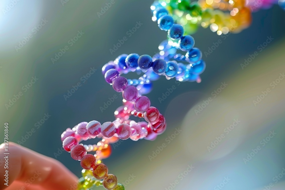 Colorful beaded DNA model with soft focus background, rainbow hues, artistic scientific visualization, biotechnology concept Colorful beaded DNA model with soft focus background, rainbow hues, artistic scientific visualization, biotechnology concept