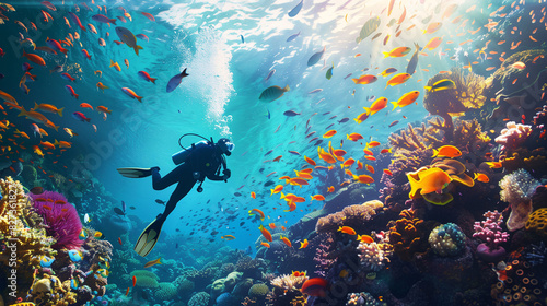 Colorful marine life scene with a scuba diver in a coral reef