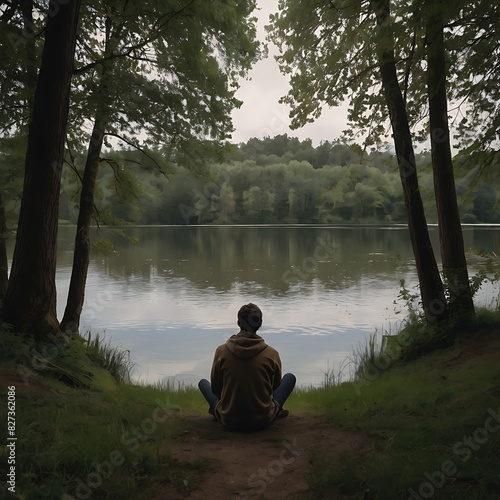 Rear view of A person sitting seeking solace and comfort in a peaceful environment beside a small lake, mental health 