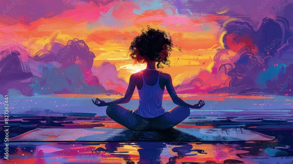 Vibrant illustration of a confident woman with a yoga mat, exuding serenity and balance. Vibrant illustration of a confident woman with a yoga mat, exuding serenity and balance.
