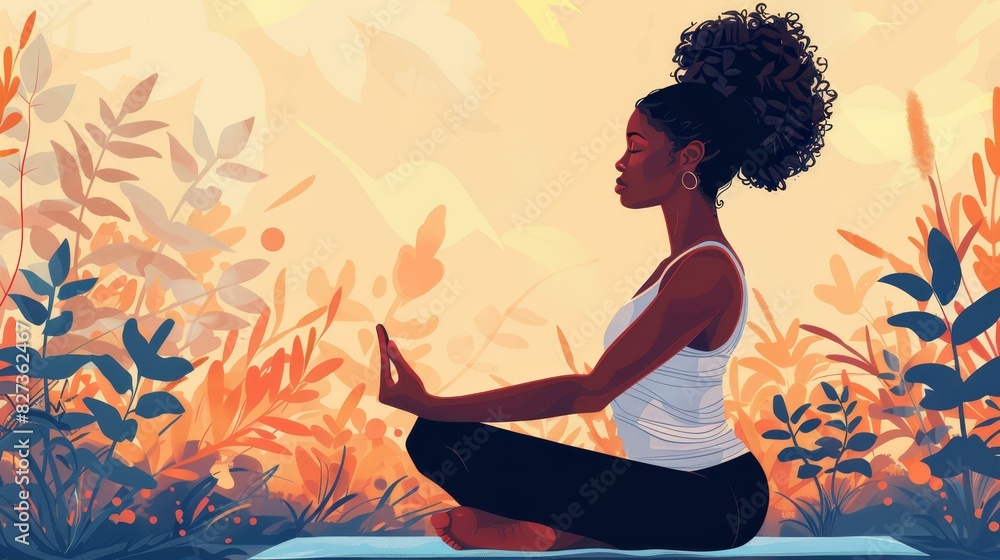 Vibrant illustration of a confident woman with a yoga mat, exuding serenity and balance. Vibrant illustration of a confident woman with a yoga mat, exuding serenity and balance.