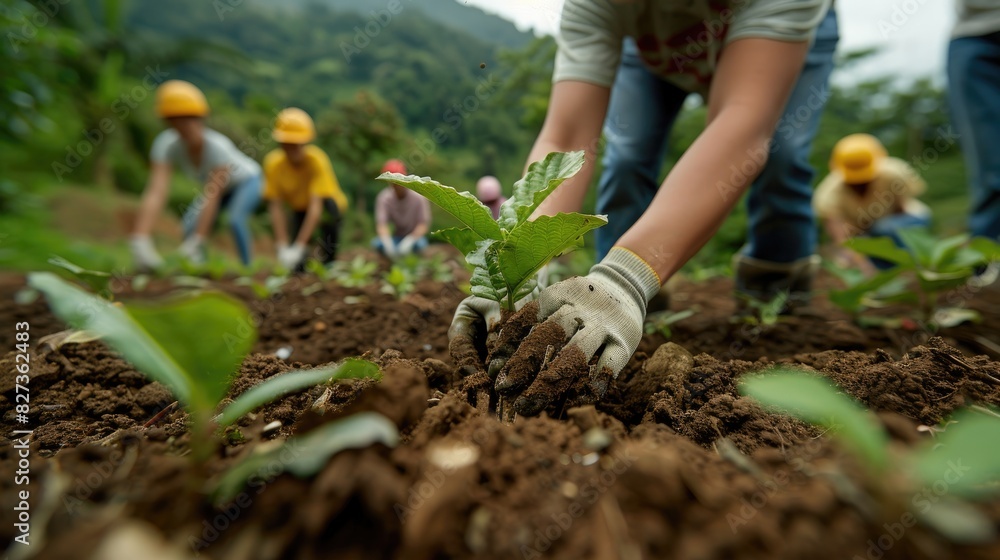 Fototapeta premium Volunteers planting trees in a deforested area to promote reforestation and biodiversity.