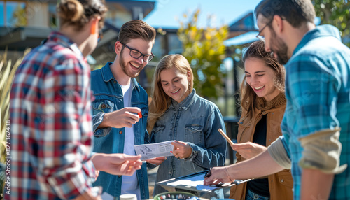 A group of coworkers engaged in a fun outdoor scavenger hunt, checking items off a list and strategizing together, with copy space