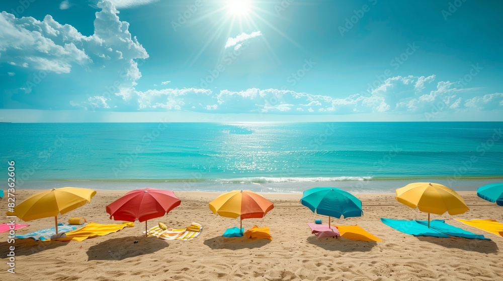 A sunlit beach with vibrant umbrellas, towels, and endless ocean under a bright sky beckons relaxation.