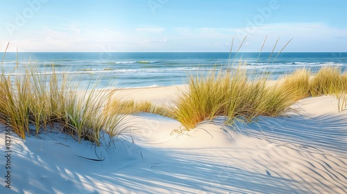 Obraz na płótnie Golden dunes meet azure sea, beach grass sways gracefully, creating a serene and picturesque coastal view. w salonie