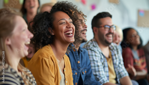 Coworkers participating in a team-building improv class, laughing and bonding through spontaneous performances, with copy space