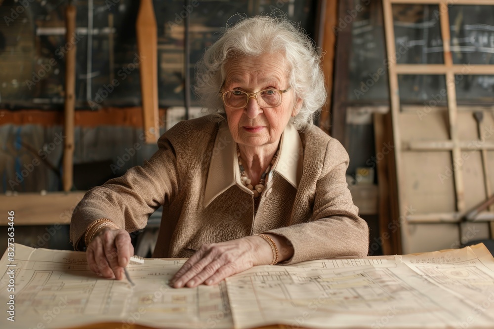 Elderly lady with glasses examines blueprints in a workshop setting Elderly lady with glasses examines blueprints in a workshop setting