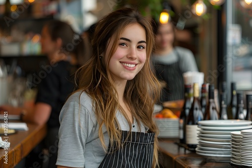 Smiling Young Female Barista in a Cozy Cafe, Ready to Serve with Warm Hospitality and Freshly Brewed Coffee - Perfect for Lifestyle and Hospitality Stock Photography