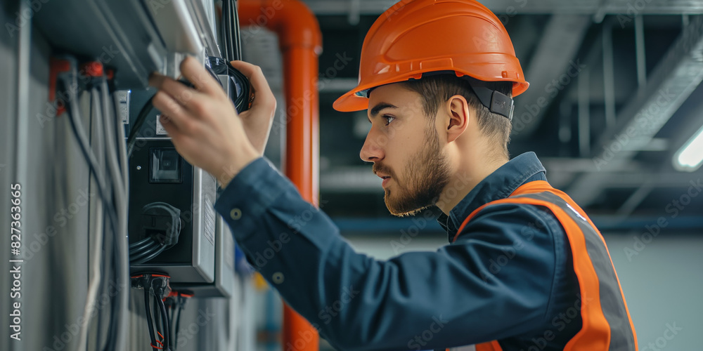 An electrician in safety gear is tuning or repairing an industrial electrical panel An electrician in safety gear is tuning or repairing an industrial electrical panel