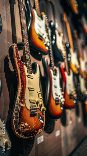 A series of guitars displayed on a wall, showcasing various types and eras of music history, Close up