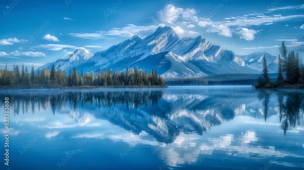 A serene mountain reflected perfectly in a blue lake