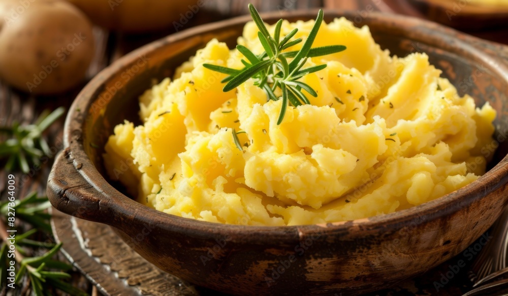 Rustic homemade mashed potatoes with fresh herbs in a wooden bowl Rustic homemade mashed potatoes with fresh herbs in a wooden bowl