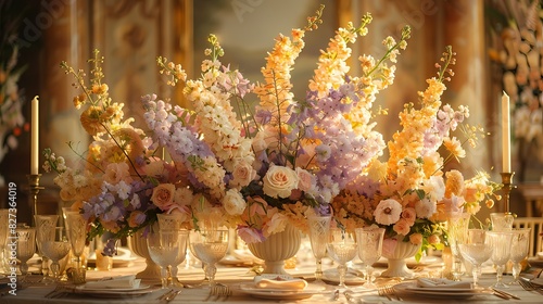 wedding venue adorned with flowers in soft fluffy hues of pale purple and light yellow