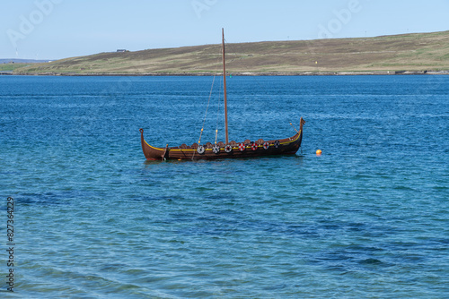 Replica Viking ship Dim Riv on the waters of Lerwick, Shetland Islands