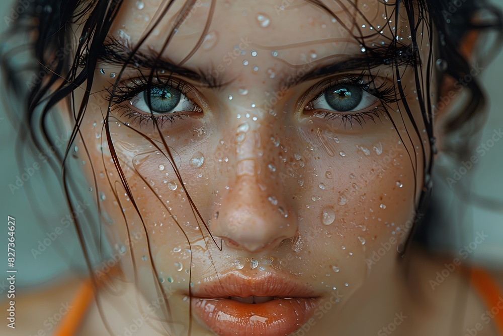 Close-Up Portrait of Woman with Wet Face and Intense Blue Eyes, Ideal for Beauty and Skincare Concepts.