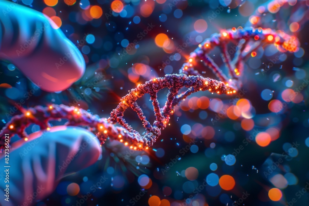 Blue and red DNA helix held by gloves, glowing particles, vibrant scientific visualization, laboratory setting Blue and red DNA helix held by gloves, glowing particles, vibrant scientific visualization, laboratory setting