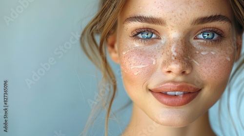 close up of a beautiful young woman s face with clean fresh skin isolated on white portrait of a beautiful woman a lovely spa lady smiles photo