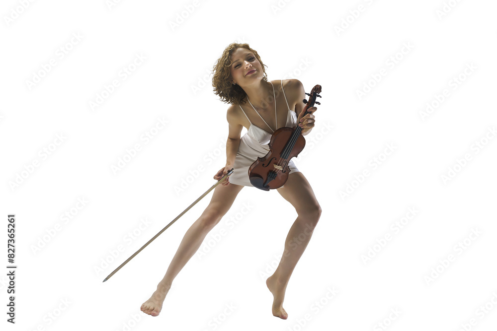 young blonde female musician plays the violin moving on one leg, isolated on transparent background, png young blonde female musician plays the violin moving on one leg, isolated on transparent background, png