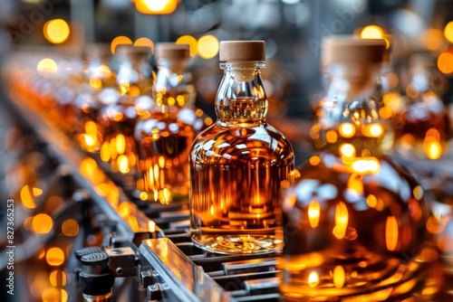 Glowing amber bottles on industrial production line © volga