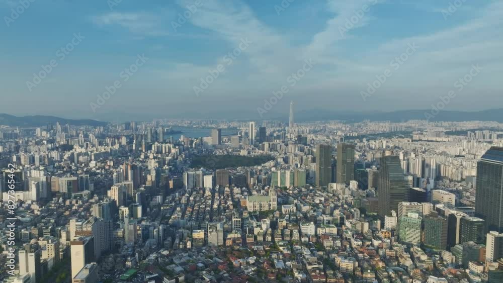 Drone View of Seoul city in South Korea, Gangnam, Sunset, Summer Drone View of Seoul city in South Korea, Gangnam, Sunset, Summer