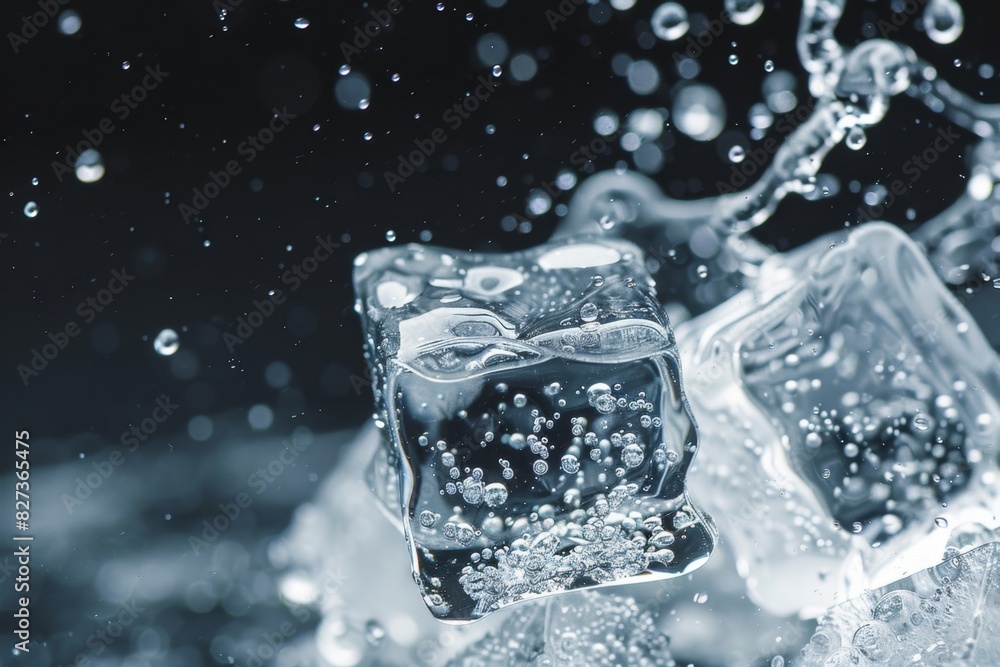 Crystal clear ice cubes suspended in water with bubbles Crystal clear ice cubes suspended in water with bubbles