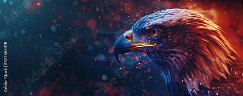 An eagle with red and blue feathers is flying in the sky. The background is a dark blue with red and orange sparks. © Kasitthanin