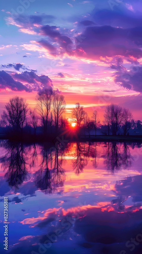 Serene Sunset Over Tranquil Lake with Silhouetted Trees and Reflections in a Peaceful Setting © Floyd