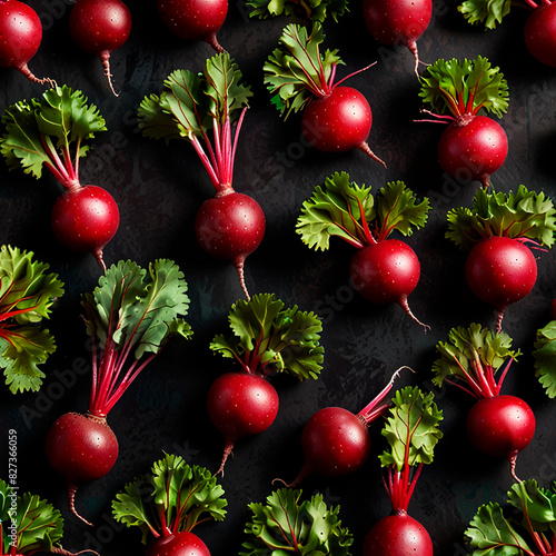 Red beetroots with green stems on a dark background in a pattern, creating a striking visual contrast.