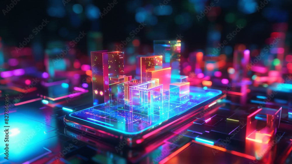 High-Tech Smartphone Displaying Holographic Cityscape and Digital Data High-Tech Smartphone Displaying Holographic Cityscape and Digital Data