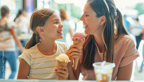 A mother and daughter enjoying ice cream cones from a mall kiosk, chatting and people-watching as they take a break, with copy space photo