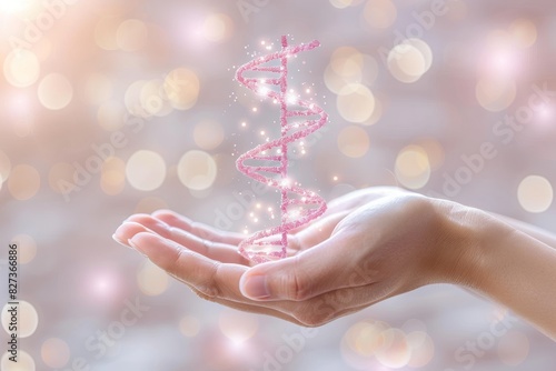 Pink glowing DNA strand held in hand, bokeh lights, delicate molecular structure, magical scientific visualization