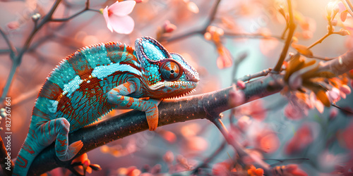 Cute blue panther chameleon sitting branch picture Ai generated art photo
