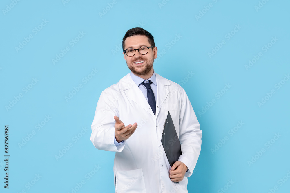 Smiling doctor with clipboard on light blue background Smiling doctor with clipboard on light blue background