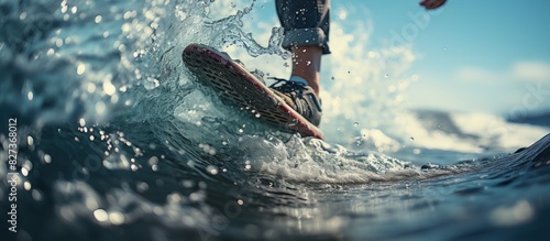 Surfing. Athlete feet on a board on a wave photo