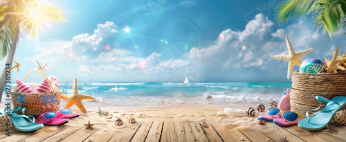 Beautiful summer background with beach accessories, flipflops and bag on a wooden table, blue sky with clouds, sun rays, and sea waves in the background