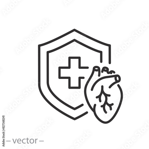 medical shield with heart icon, complete caldiology protection, heart support, thin line symbol - vector illustration