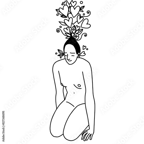 flowers from a girl's head line. Vector illustration (ID: 827368698)
