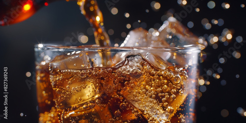Pouring cola into glass with ice cubes and bubbles capturing a refreshing and dynamic beverage moment in high detail 