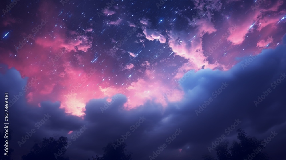 Majestic Night Sky With Meteors And Cosmic Pink Clouds. Generative AI