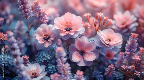 whimsical garden scene filled with flowers in soft fluffy hues of lavender, baby blue, and blush pink © ALLAH KING OF WORLD