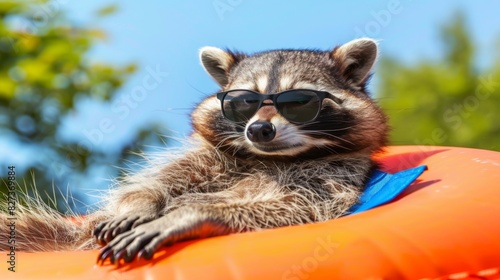 Sunglasses-wearing raccoon lounging on an orange float