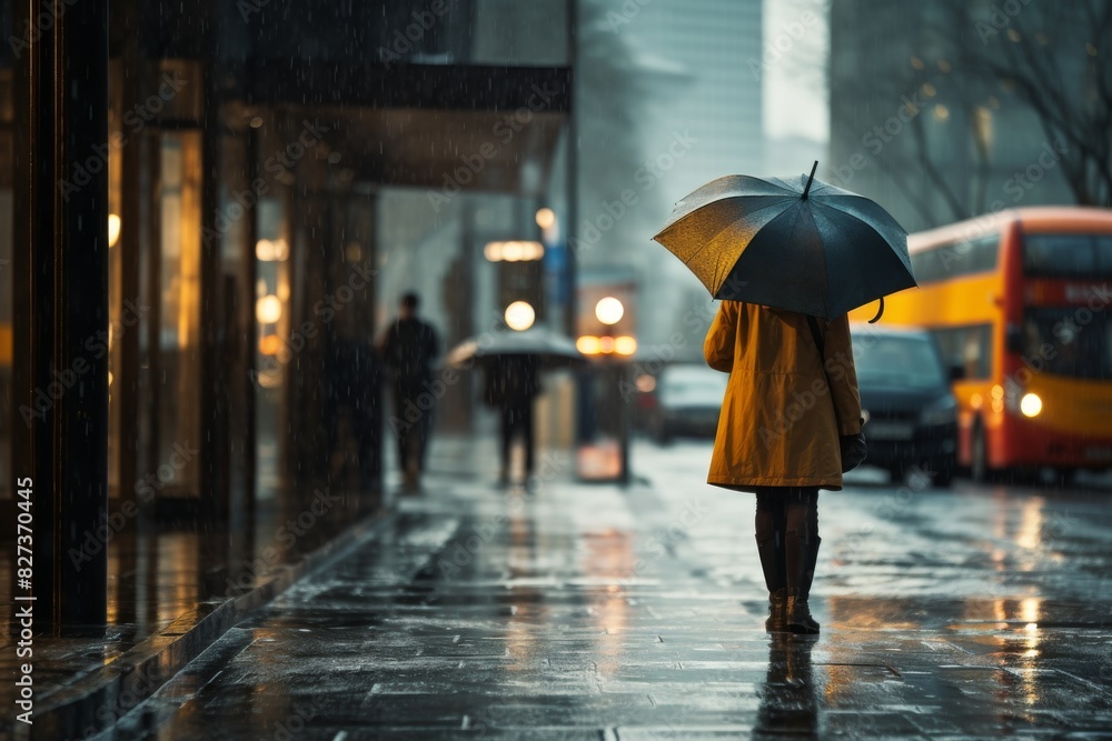 Obraz premium Solitary Figure With Umbrella In Rain, Cityscape Glow In The Background. Generative AI