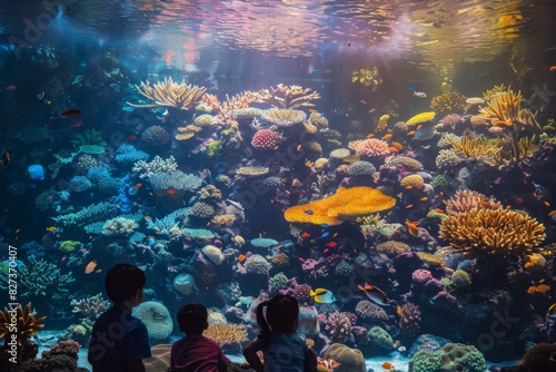 Two curious children are observing marine life in an aquarium