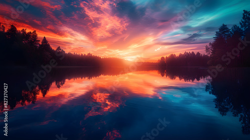 Serene Sunset Over Tranquil Lake with Silhouetted Trees and Reflections in a Peaceful Setting © Floyd