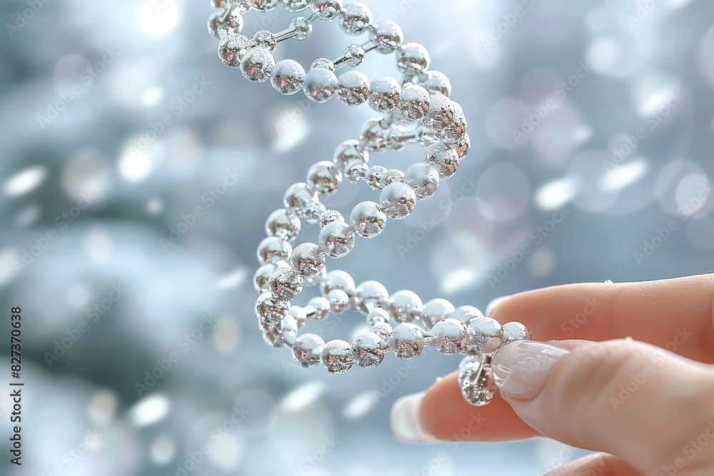 Silver DNA strand held by hand, intricate molecular structure, silver bokeh background, scientific visualization Silver DNA strand held by hand, intricate molecular structure, silver bokeh background, scientific visualization