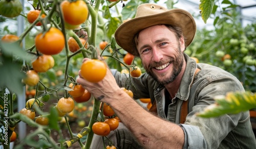 Smiling farmer harvesting fresh tomatoes in a greenhouse